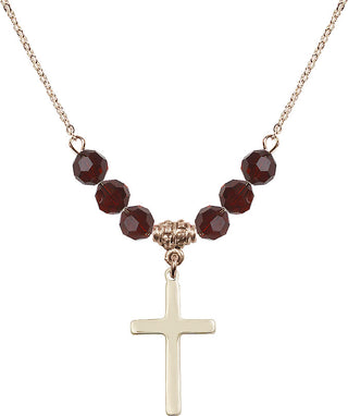 18" Hamilton Gold Plated Necklace with 4mm Garnet Crystal Beads featuring a 14kt Gold Filled Cross Medal.