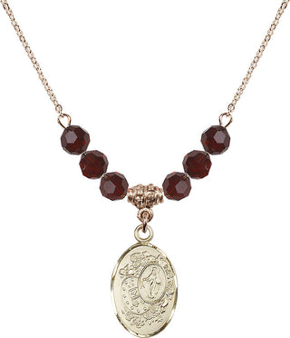 18" Hamilton Gold Plated Necklace with 4mm Garnet Crystal Beads featuring a 14kt Gold Filled Miraculous Medal.