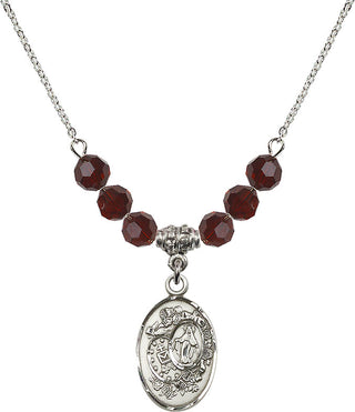 18" Rhodium Plated Necklace with 4mm Garnet Crystal Beads featuring a Sterling Silver Miraculous Medal.