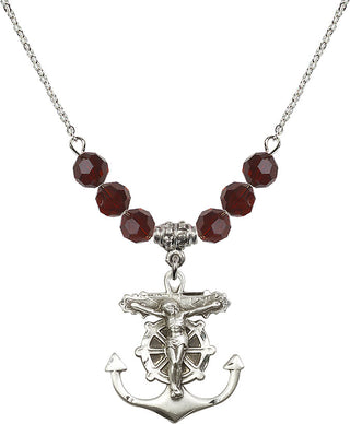 18" Rhodium Plated Necklace with 4mm Garnet Crystal Beads featuring a Sterling Silver Anchor Crucifix Medal.