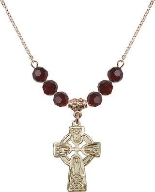 18" Hamilton Gold Plated Necklace with 4mm Garnet Crystal Beads featuring a 14kt Gold Filled Celtic Cross Medal.