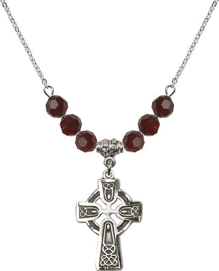 18" Rhodium Plated Necklace with 4mm Garnet Crystal Beads featuring a Sterling Silver Celtic Cross Medal.
