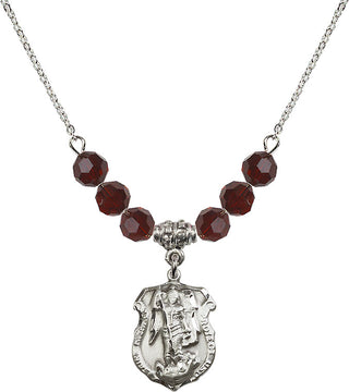 18" Rhodium Plated Necklace with 4mm Garnet Crystal Beads featuring a Sterling Silver Saint Michael the Archangel Medal. Engraved Catholic Saint Jewelry