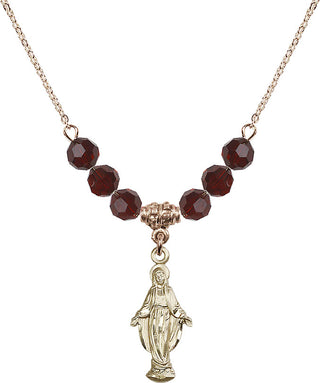 18" Hamilton Gold Plated Necklace with 4mm Garnet Crystal Beads featuring a 14kt Gold Filled Miraculous Medal.
