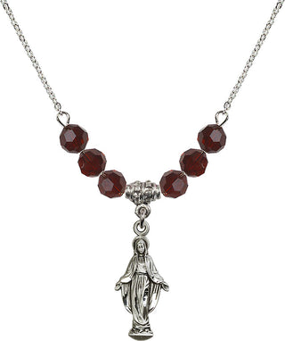18" Rhodium Plated Necklace with 4mm Garnet Crystal Beads featuring a Sterling Silver Miraculous Medal.