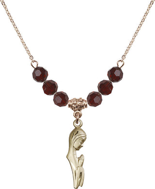 18" Hamilton Gold Plated Necklace with 4mm Garnet Crystal Beads featuring a 14kt Gold Filled Madonna Medal.