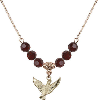 18" Hamilton Gold Plated Necklace with 4mm Garnet Crystal Beads featuring a 14kt Gold Filled Holy Spirit Medal.