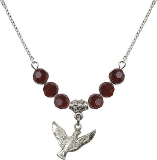 18" Rhodium Plated Necklace with 4mm Garnet Crystal Beads featuring a Sterling Silver Holy Spirit Medal.