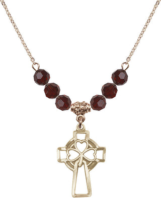 18" Hamilton Gold Plated Necklace with 4mm Garnet Crystal Beads featuring a 14kt Gold Filled Shamrock Cross Medal.