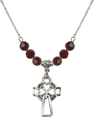 18" Rhodium Plated Necklace with 4mm Garnet Crystal Beads featuring a Sterling Silver Shamrock Cross Medal.