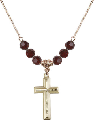 18" Hamilton Gold Plated Necklace with 4mm Garnet Crystal Beads featuring a 14kt Gold Filled Cross Medal. Engraved Catholic Saint Jewelry