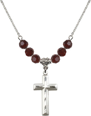 18" Rhodium Plated Necklace with 4mm Garnet Crystal Beads featuring a Sterling Silver Cross Medal. Engraved Catholic Saint Jewelry