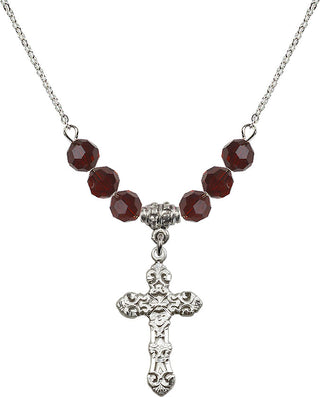 18" Rhodium Plated Necklace with 4mm Garnet Crystal Beads featuring a Sterling Silver Cross Medal. Engraved Catholic Saint Jewelry