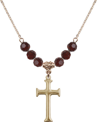 18" Hamilton Gold Plated Necklace with 4mm Garnet Crystal Beads featuring a 14kt Gold Filled Cross Medal. Engraved Catholic Saint Jewelry