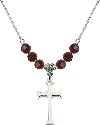 18" Rhodium Plated Necklace with 4mm Garnet Crystal Beads featuring a Sterling Silver Cross Medal. Engraved Catholic Saint Jewelry