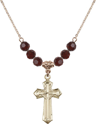 18" Hamilton Gold Plated Necklace with 4mm Garnet Crystal Beads featuring a 14kt Gold Filled Cross Medal. Engraved Catholic Saint Jewelry