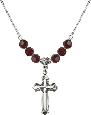 18" Rhodium Plated Necklace with 4mm Garnet Crystal Beads featuring a Sterling Silver Cross Medal. Engraved Catholic Saint Jewelry