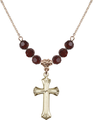 18" Hamilton Gold Plated Necklace with 4mm Garnet Crystal Beads featuring a 14kt Gold Filled Cross Medal. Engraved Catholic Saint Jewelry