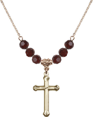 18" Hamilton Gold Plated Necklace with 4mm Garnet Crystal Beads featuring a 14kt Gold Filled Cross Medal. Engraved Catholic Saint Jewelry