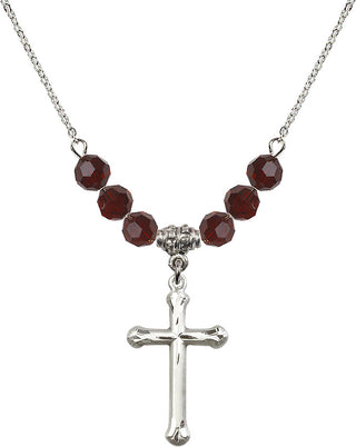 18" Rhodium Plated Necklace with 4mm Garnet Crystal Beads featuring a Sterling Silver Cross Medal. Engraved Catholic Saint Jewelry