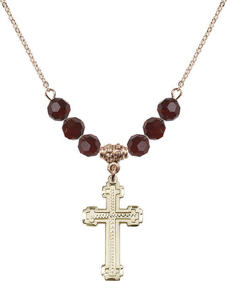 18" Hamilton Gold Plated Necklace with 4mm Garnet Crystal Beads featuring a 14kt Gold Filled Cross Medal.
