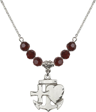 18" Rhodium Plated Necklace with 4mm Garnet Crystal Beads featuring a Sterling Silver Faith, Hope & Charity Medal.