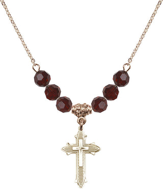 18" Hamilton Gold Plated Necklace with 4mm Garnet Crystal Beads featuring a 14kt Gold Filled Cross on Cross Medal. Engraved Catholic Saint Jewelry