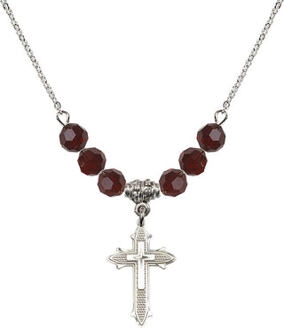 18" Rhodium Plated Necklace with 4mm Garnet Crystal Beads featuring a Sterling Silver Cross on Cross Medal. Engraved Catholic Saint Jewelry