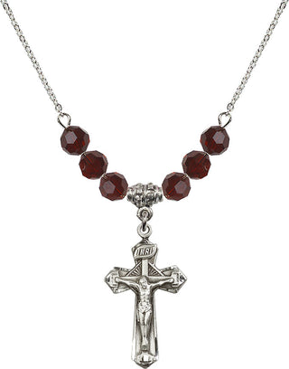 18" Rhodium Plated Necklace with 4mm Garnet Crystal Beads featuring a Sterling Silver Crucifix Medal.
