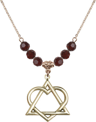 18" Hamilton Gold Plated Necklace with 4mm Garnet Crystal Beads featuring a 14kt Gold Filled Adoption Heart Medal.