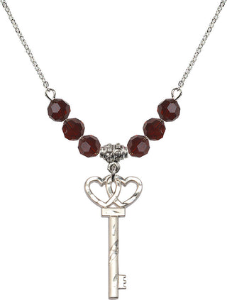 18" Rhodium Plated Necklace with 4mm Garnet Crystal Beads featuring a Sterling Silver Small Key w/Double Hearts Medal.