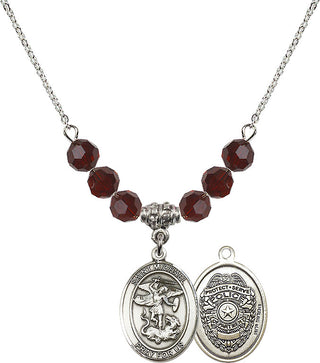 18" Rhodium Plated Necklace with 4mm Garnet Crystal Beads featuring a Sterling Silver Saint Michael the Archangel Medal.