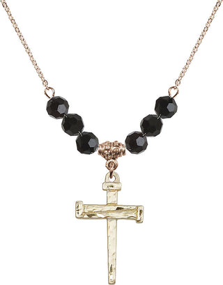 18" Hamilton Gold Plated Necklace with 4mm Jet Crystal Beads featuring a 14kt Gold Filled Nail Cross Medal.