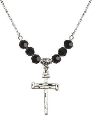18" Rhodium Plated Necklace with 4mm Jet Crystal Beads featuring a Sterling Silver Nail Cross Medal.