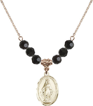 18" Hamilton Gold Plated Necklace with 4mm Jet Crystal Beads featuring a 14kt Gold Filled Miraculous Medal.