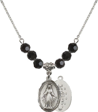 18" Rhodium Plated Necklace with 4mm Jet Crystal Beads featuring a Sterling Silver Miraculous Medal.