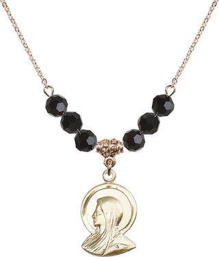 18" Hamilton Gold Plated Necklace with 4mm Jet Crystal Beads featuring a 14kt Gold Filled Madonna Medal.