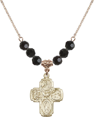 18" Hamilton Gold Plated Necklace with 4mm Jet Crystal Beads featuring a 14kt Gold Filled 5-Way Medal.