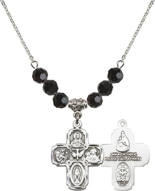 18" Rhodium Plated Necklace with 4mm Jet Crystal Beads featuring a Sterling Silver 5-Way Medal.