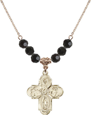 18" Hamilton Gold Plated Necklace with 4mm Jet Crystal Beads featuring a 14kt Gold Filled 4-Way Medal.