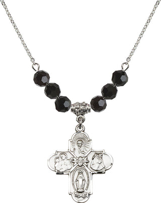 18" Rhodium Plated Necklace with 4mm Jet Crystal Beads featuring a Sterling Silver 4-Way Medal.