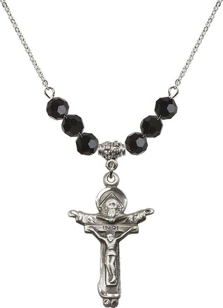 18" Rhodium Plated Necklace with 4mm Jet Crystal Beads featuring a Sterling Silver Trinity Crucifix Medal.