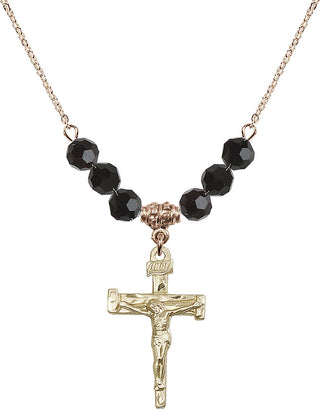 18" Hamilton Gold Plated Necklace with 4mm Jet Crystal Beads featuring a 14kt Gold Filled Nail Crucifix Medal.
