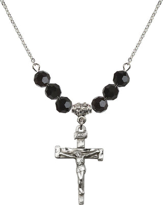 18" Rhodium Plated Necklace with 4mm Jet Crystal Beads featuring a Sterling Silver Nail Crucifix Medal.