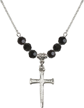 18" Rhodium Plated Necklace with 4mm Jet Crystal Beads featuring a Sterling Silver Nail Cross Medal.