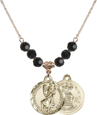 18" Hamilton Gold Plated Necklace with 4mm Jet Crystal Beads featuring a 14kt Gold Filled Saint Christopher / Air Force Medal.