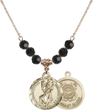 18" Hamilton Gold Plated Necklace with 4mm Jet Crystal Beads featuring a 14kt Gold Filled Saint Christopher / Coast Guard Medal.