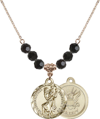 18" Hamilton Gold Plated Necklace with 4mm Jet Crystal Beads featuring a 14kt Gold Filled Saint Christopher / Navy Medal.