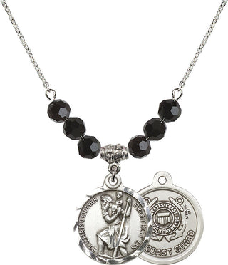 18" Rhodium Plated Necklace with 4mm Jet Crystal Beads featuring a Sterling Silver Saint Christopher / Coast Guard Medal.