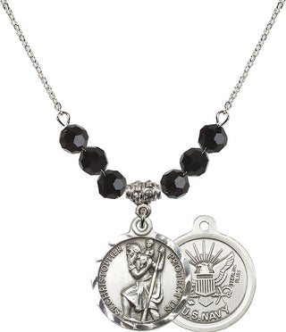 18" Rhodium Plated Necklace with 4mm Jet Crystal Beads featuring a Sterling Silver Saint Christopher / Navy Medal.